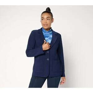 Susan Graver Regular Brushed Back LK Fusion Notch Collar Blazer Navy 1X A706766